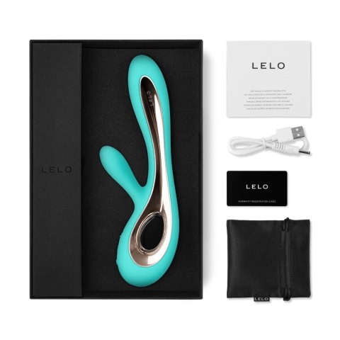 LELO Soraya™ 2 Aqua – zestaw zawierający ładowarkę USB, satynowe etui i instrukcję obsługi