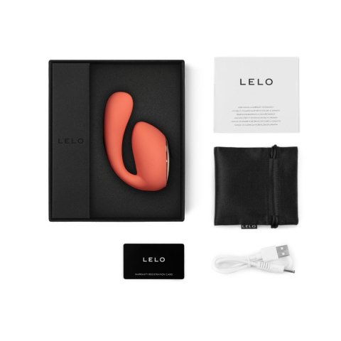 LELO Ida Wave Coral Red – luksusowe opakowanie zawierające ładowarkę USB, satynowe etui i instrukcję obsługi