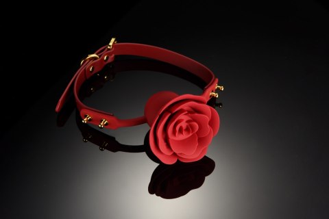 Silikonowy knebel w kształcie róży z czerwonymi paskami Zalo & Upko Rose Ball Gag Red Straps