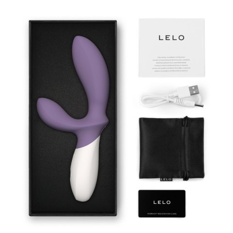 LELO Loki Wave 2 Violet Dust – zestaw zawierający ładowarkę USB, satynowe etui i instrukcję obsługi