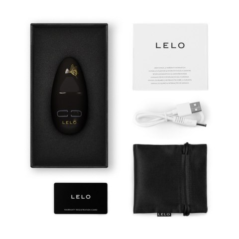 LELO Nea 3 Pitch Black – zestaw zawierający ładowarkę USB, satynowe etui i instrukcję obsługi