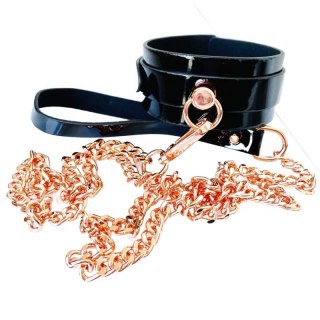 Kinky Diva zestaw High Gloss O-Ring Collar+Leash Black/Rose Gold