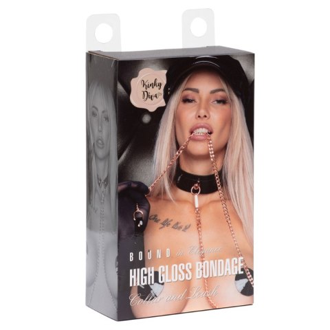 Kinky Diva zestaw High Gloss O-Ring Collar+Leash Black/Rose Gold