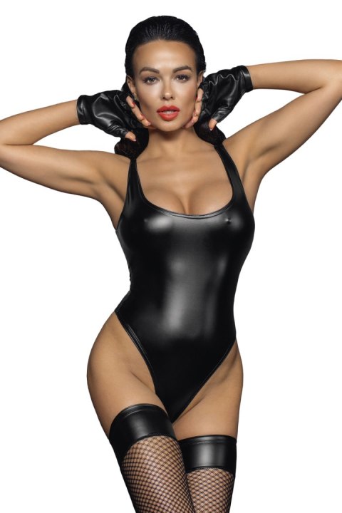 Body F244 Powerwetlook with high cut bottom hem L Noir Handmade