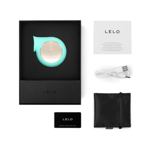 LELO Sila Cruise Aqua – zestaw zawierający ładowarkę USB, satynowe etui i instrukcję obsługi